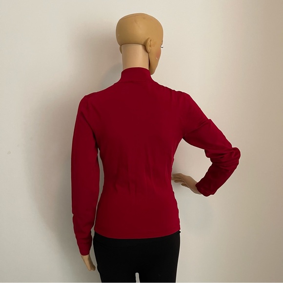 Red Rhinestone Embellished Ruched Long Sleeve Turtleneck Zip-up Blouse - Picture 6 of 8